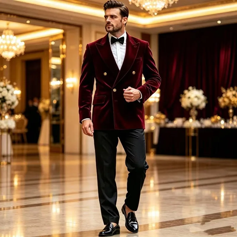 Burgundy Velvet Groom Wedding Suit for Men 2 Pcs Double Breasted Custom Tuxedo Slim Fit Separates Formal Party Jacket Pants