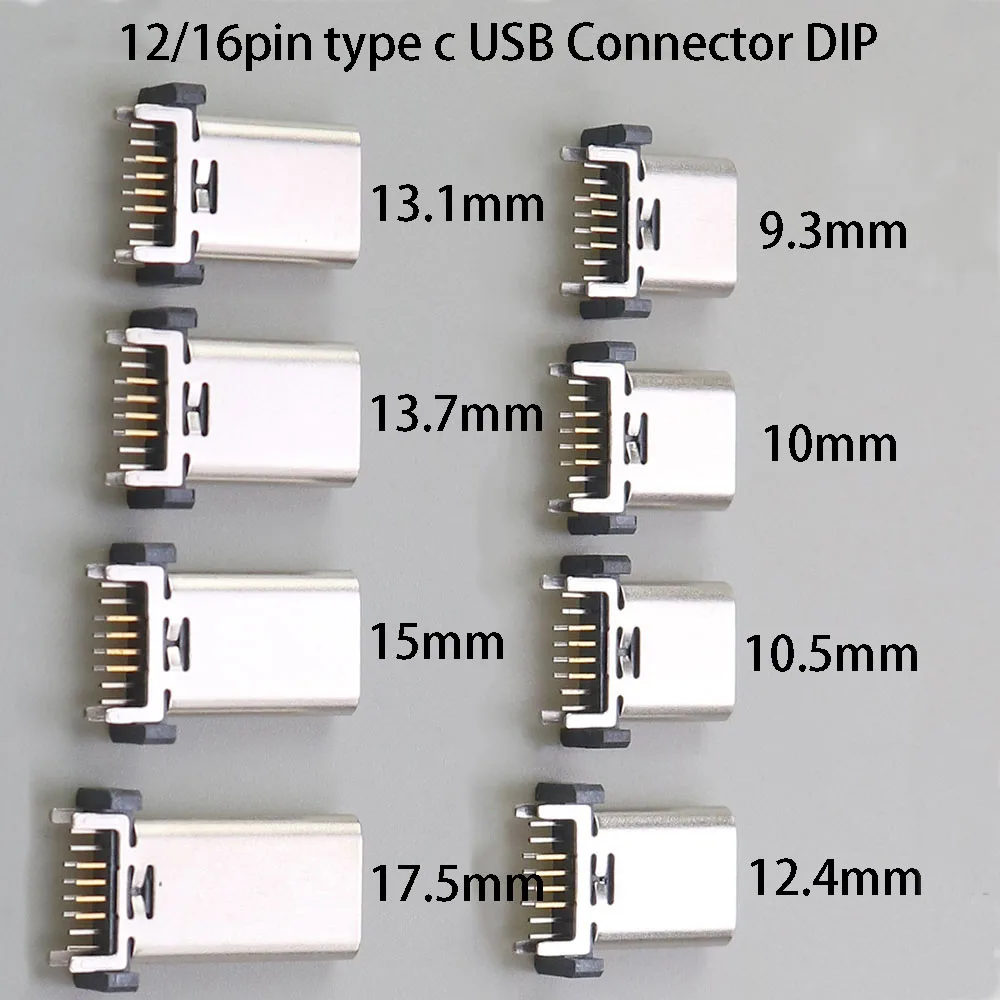 1PC USB C TYPE-C Female Socket 12/16Pin Charging Port Connector Hight With 9.3 10 10.5 12.4 13.1 13.7 15 17.5mm16pin SMT DIP