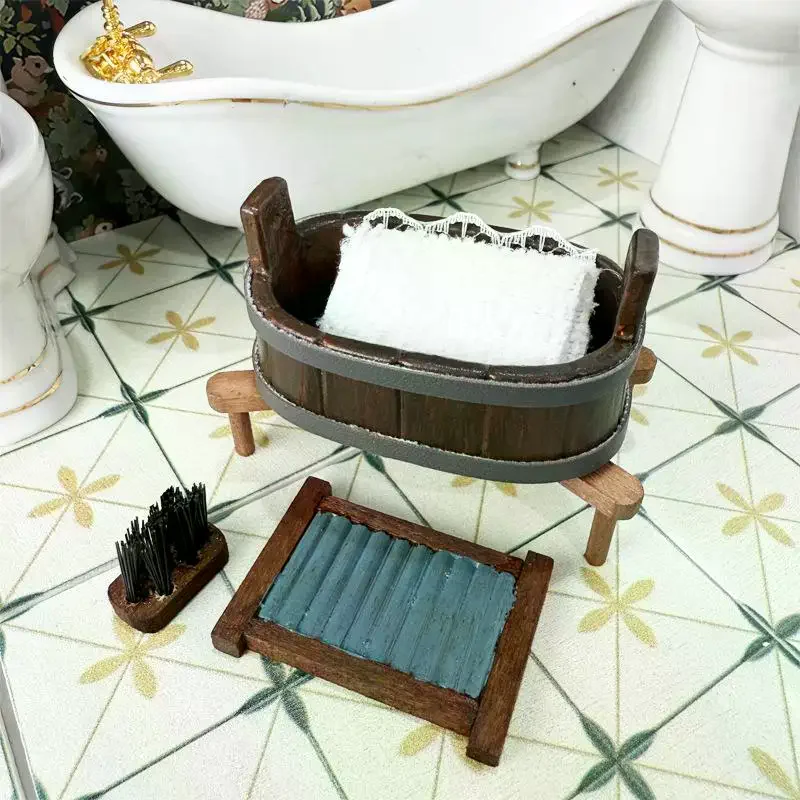 Dollhouse Miniature Wooden Barrel Washboard Brush Three-Piece Set Laundry Scene Micro Landscape Ornaments Pretend Play Toys