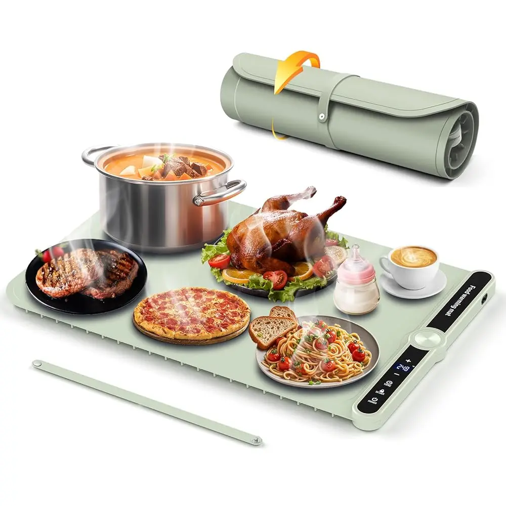 

Warming Mat For Food,Electric Warming Tray With 9 Level Adjustable Temperature & 6 Hours Timer,Foldable Portable Food Warming