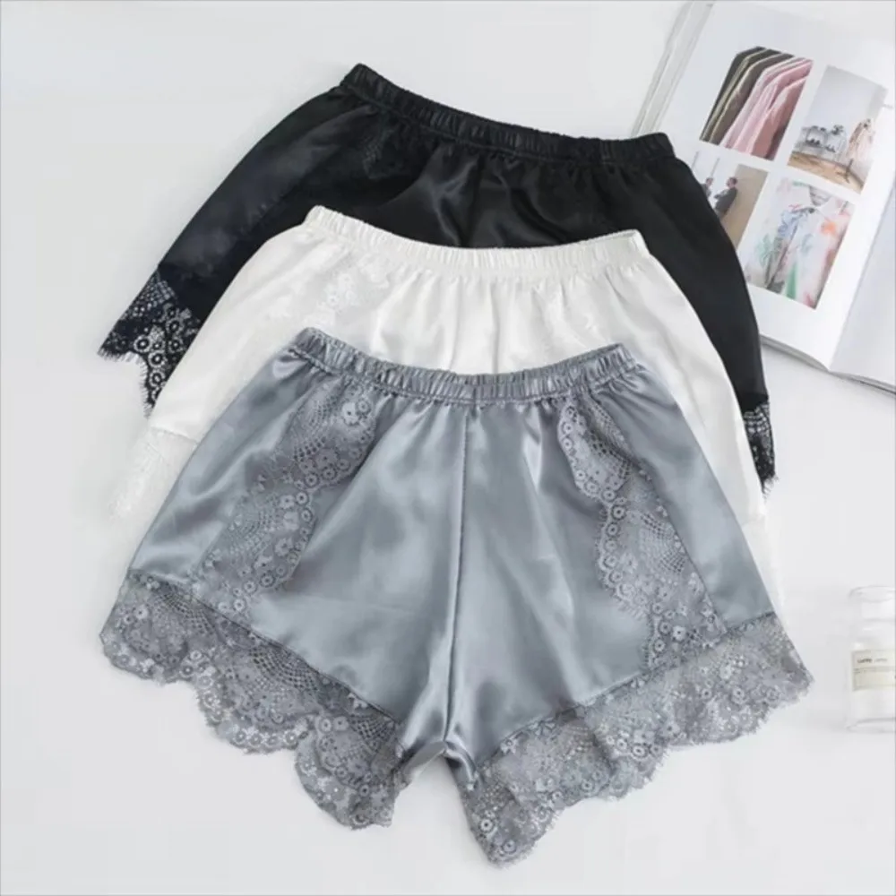 Fashion Satin Safety Shorts Lace Trim Elastic Waist Summer Shorts Thin Solid Color Loose Short Pants