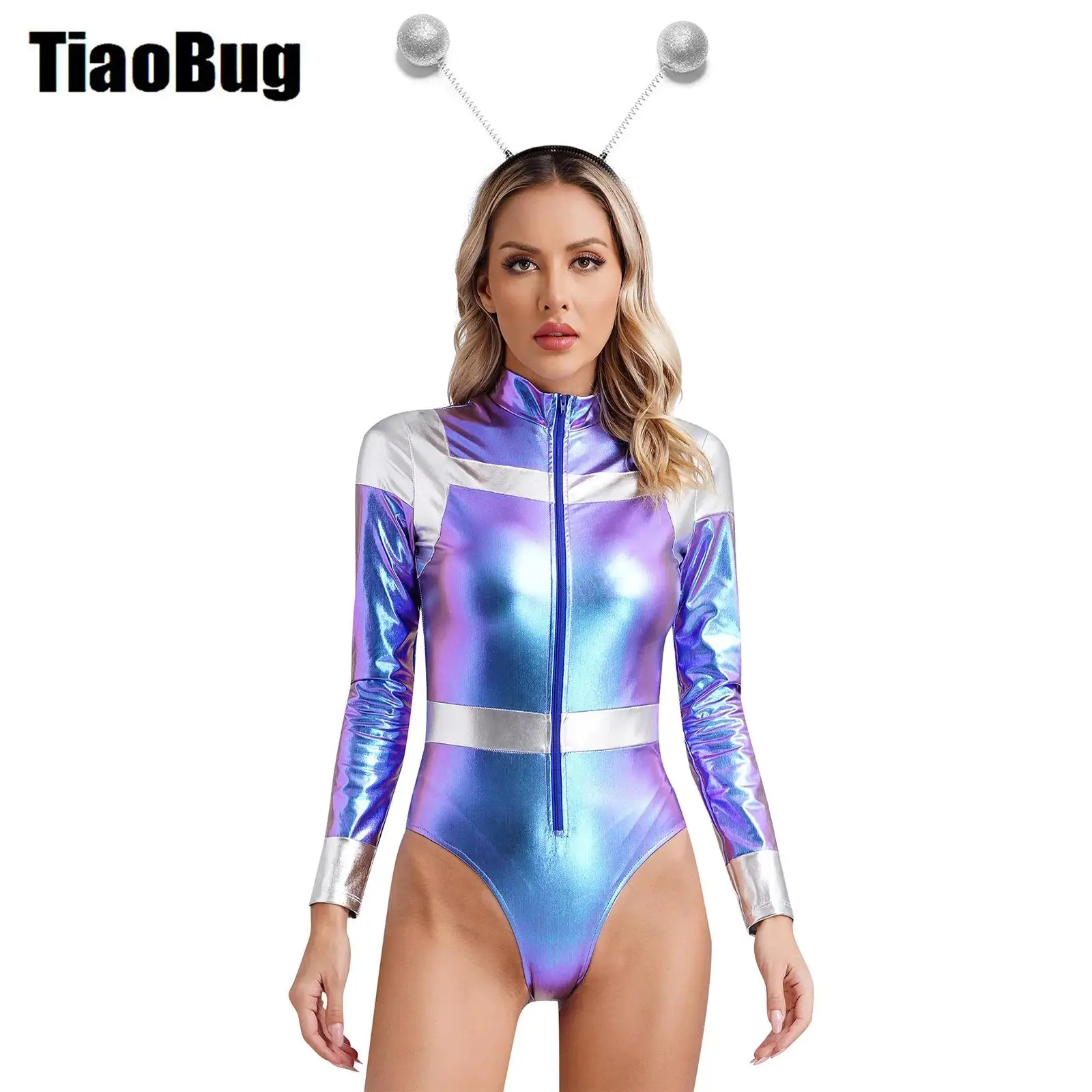 

Womens Alien Cosplay Bodysuit with Alien Hair Hoop Long Sleeve Bodycon Metallic Shiny Jumpsuit Halloween Costume