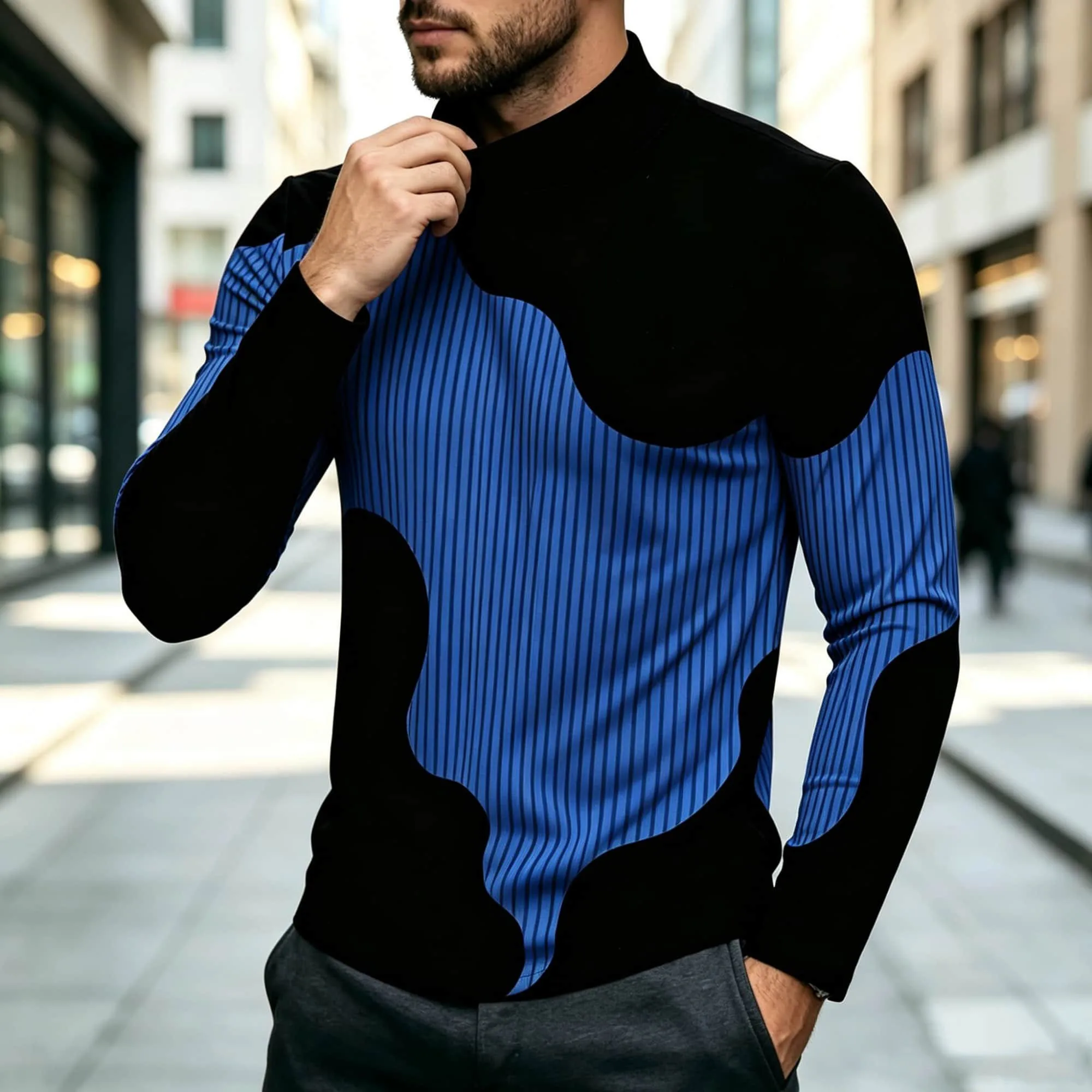 Black Blue Wave Patchwork High Collar Long Sleeve T Shirt Men Slim Fit Pinstripe Casual Street