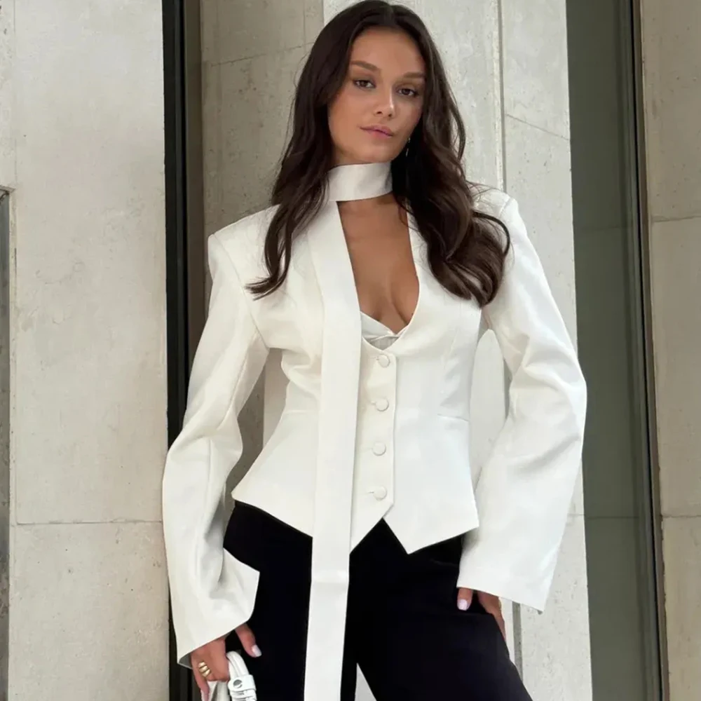Ticketsx V Neck Scarf Blazer Jacket Women's Elegant Cinched Waist Single Breasted Full Sleeve Coat Female Casual Slim Blazers
