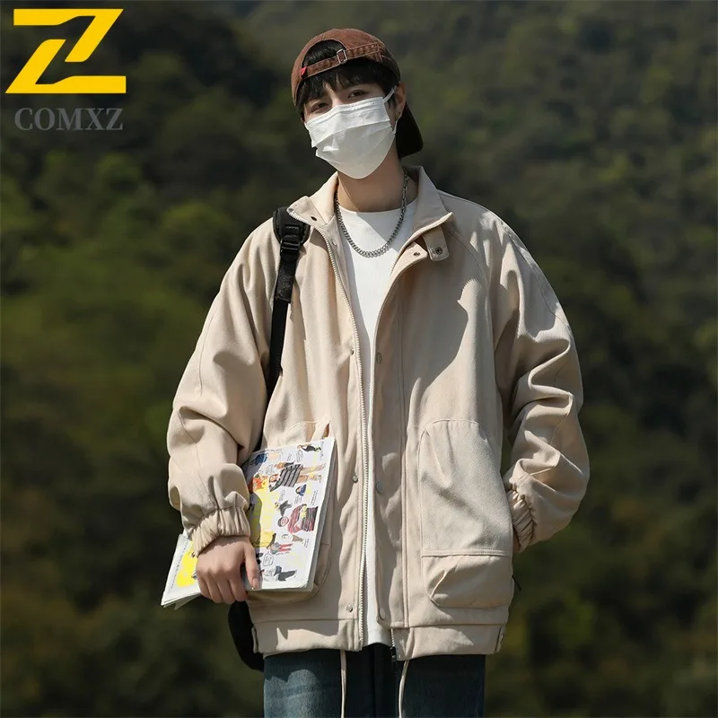 COMXZ 2023 Mens Trendy Jacket Spring Autumn Casual Coat Fashion Solid Color Stand Collar Outerwear Lightweight