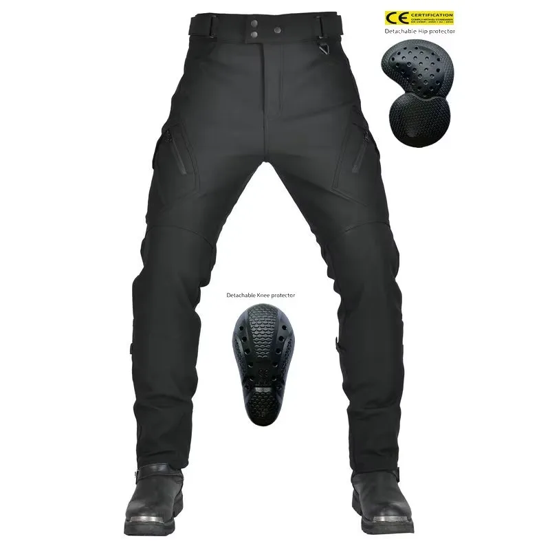 Pantalones de motociclismo para hombre, pantalones de cintura alta impermeables de terciopelo para invierno, 4 rodilleras blindadas CE actualizadas