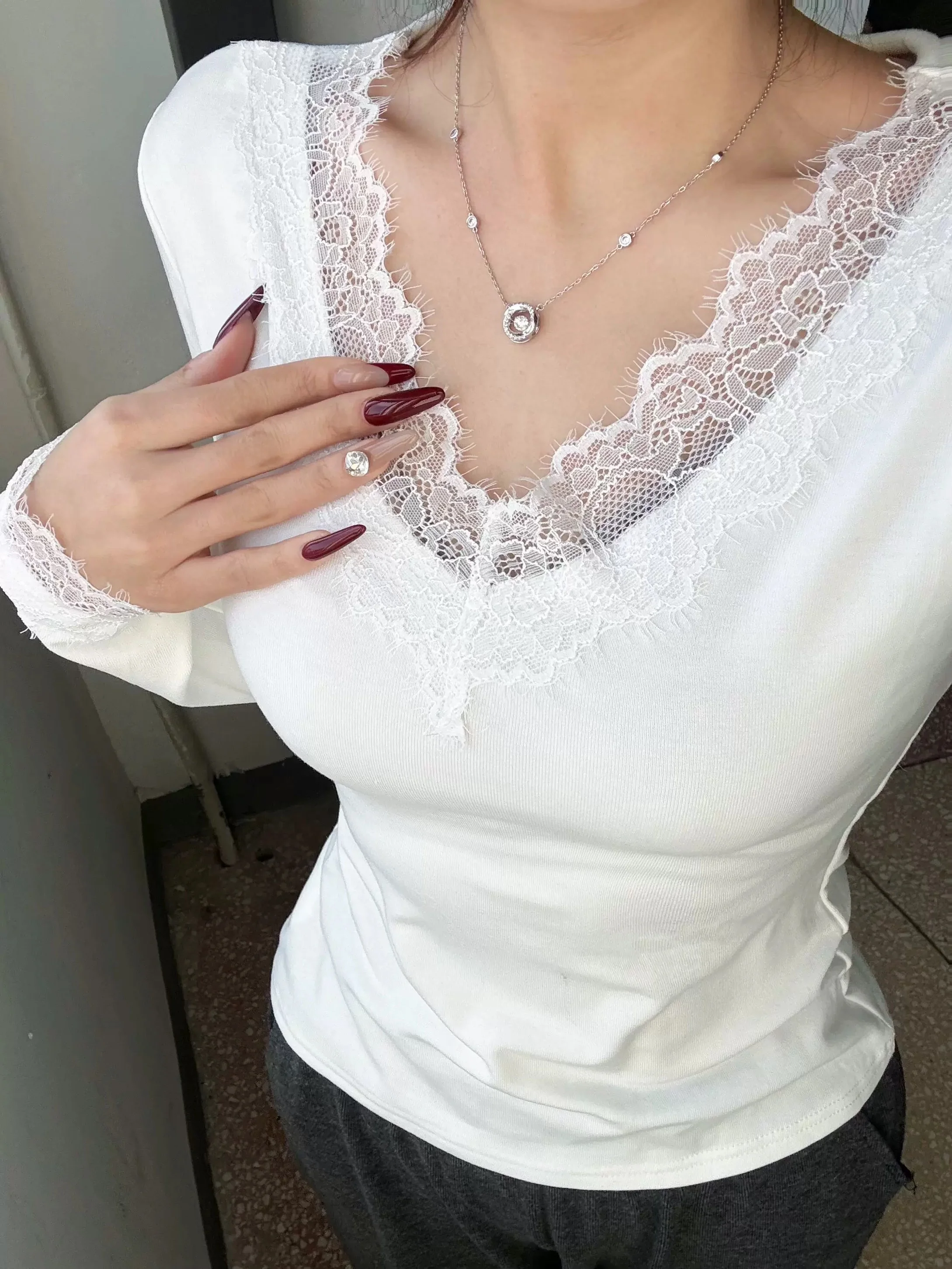 

Футболка Slim Fit Long Sve V-Ne 95, хлопковая кружевная основа, женская весна-осень, новая верхняя одежда больших размеров, внутренняя одежда