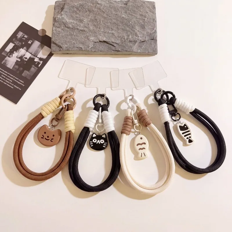 Cute Cat Charm Phone Lanyard, Braided Wrist Strap with Metal Clasp, Detachable Card Clip for Phone Case, Anti-Lost Gift