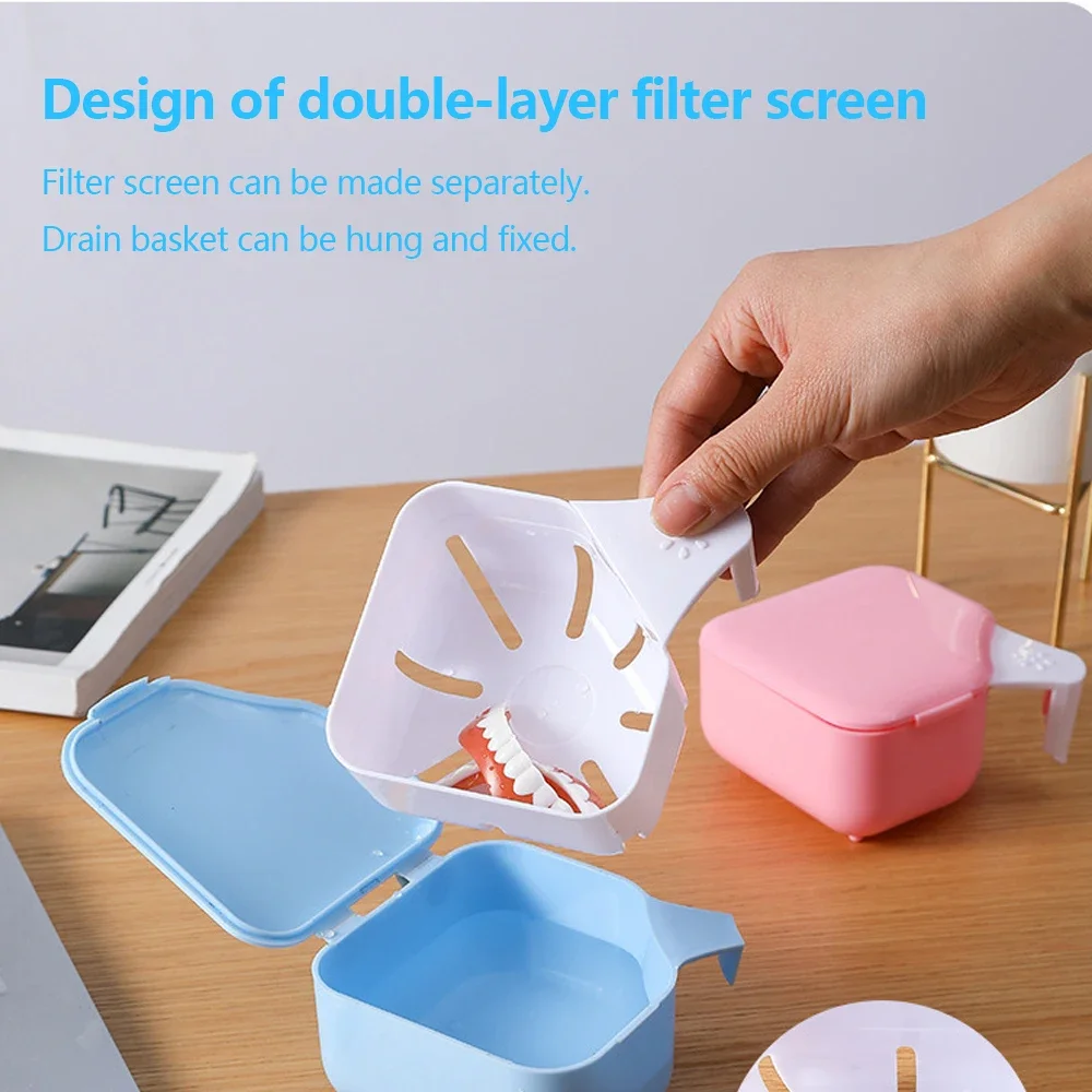 

Denture Bath Box with Hanging Net for False Teeth Cleaning and Storage Artificial Tooth and Orthodontic Retainer Case