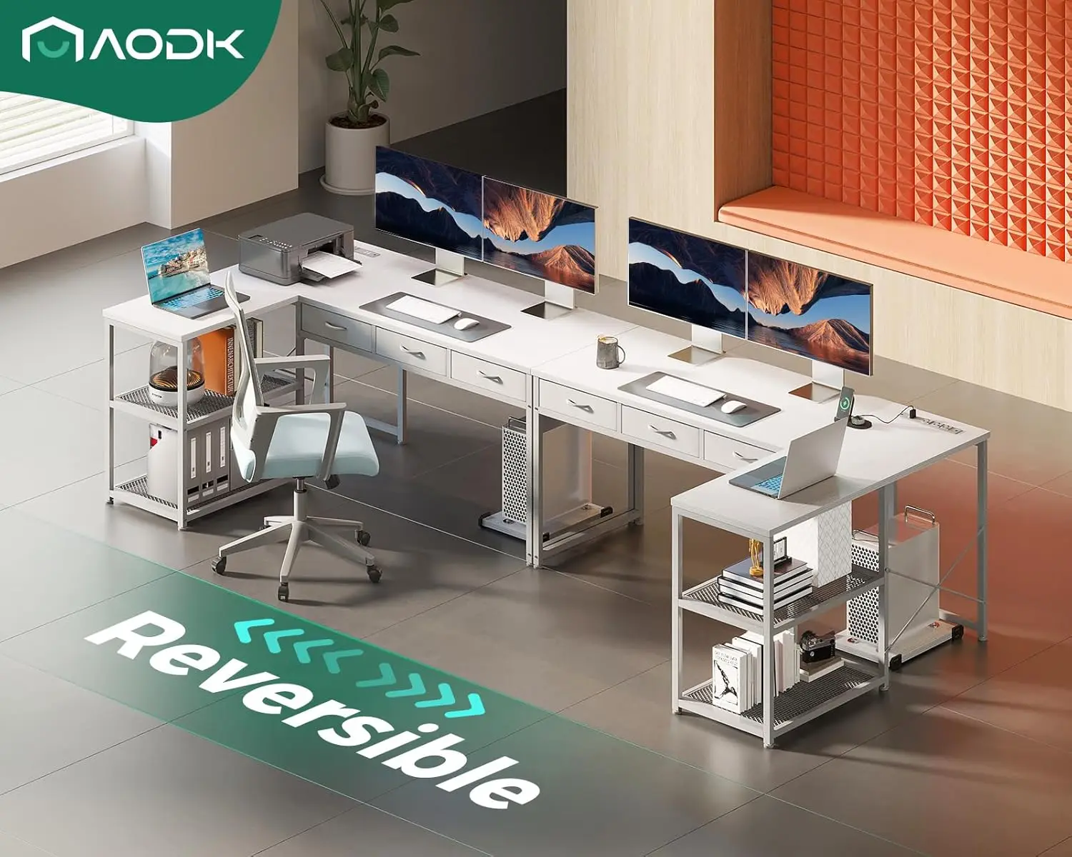 L Shaped Computer Desk with Drawers, Corner Desk with Power Outlets & Reversible Storage Shelves, Movable CPU Stand for Home Off