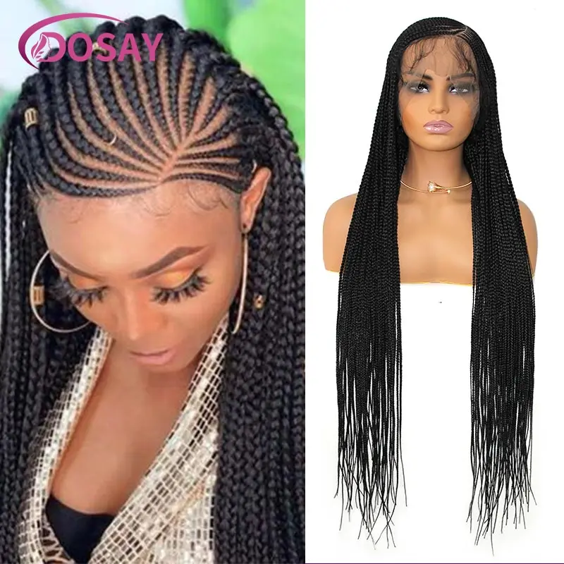 Synthetische Full Lace Front Pruik Cornrow Dubbel Gevlochten Pruiken Voor Zwarte Vrouwen Box Zijdeel Gevlochten Kant Pruik Faux Locs Vlechten Pruiken