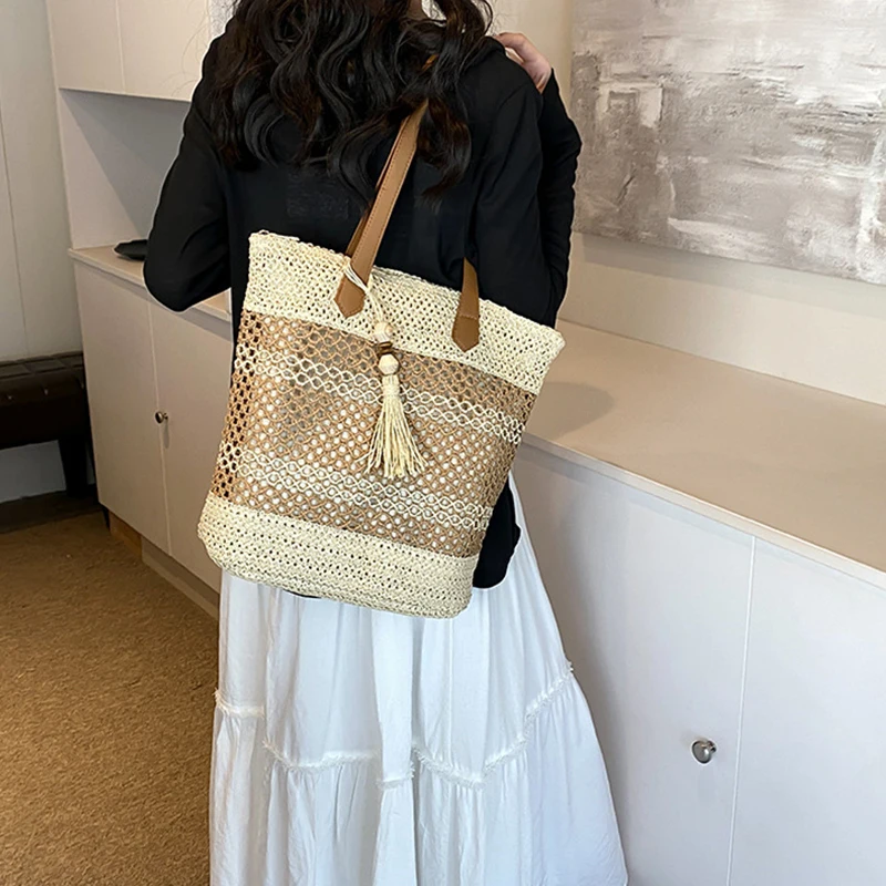 Sommer Stroh Taschen für Frauen Hohe Qualität Rattan Schulter Tasche Reise Handarbeit Gewebt Strand Handtaschen Weibliche Große Kapazität Totes – Detail 5