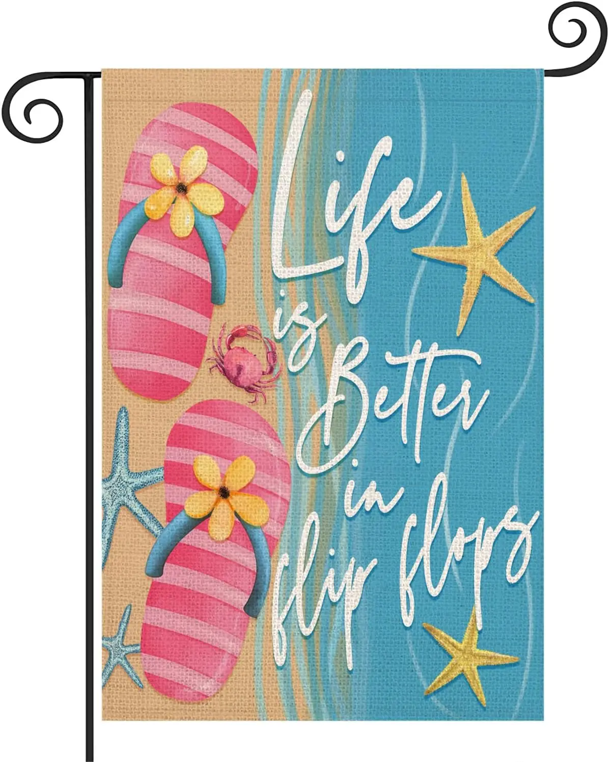 Summer Beach Pink Flip Flops Garden Flag 12.5x18 Inch Life is Better in Flip Flops Blue Ocean Sea Starfish Crab Double Sided jjp