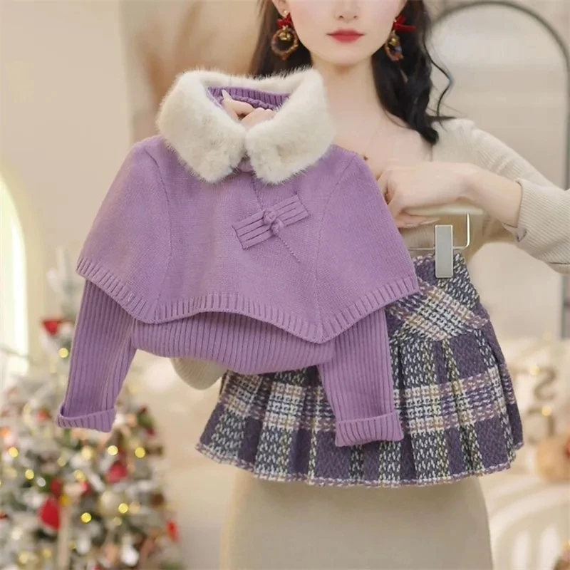 Korean Girls 2026 Autumn Winter New Purple Faux Fur Collar Fake Two Piece Cape Sweater Little Girl Plaid Pleated Skirt Set
