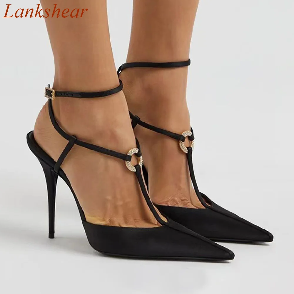 

Pointed Toe Ankle Strap Women Pumps Solid Shallow Holllow Buckle Strap Rhineston Slingback Fashion Sexy Party Summer Women Shoes