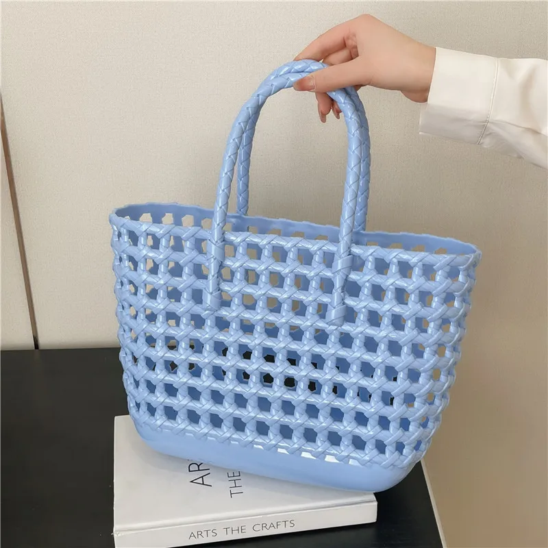 2024 New Vegetable Basket Summer Fashion PVC Handbag Hand Woven Bag Patchwork Striped Tote Beach Bags