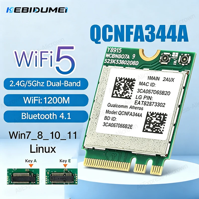 KEBIDUMEI QCNFA344A WLAN-Karte WiFi 5 1200Mbps Bluetooth 4.1 M.2 Netzwerkkarte 802.11AC 2,4G/5G Dual-Band DW1820 M.2 WLAN-Adapter