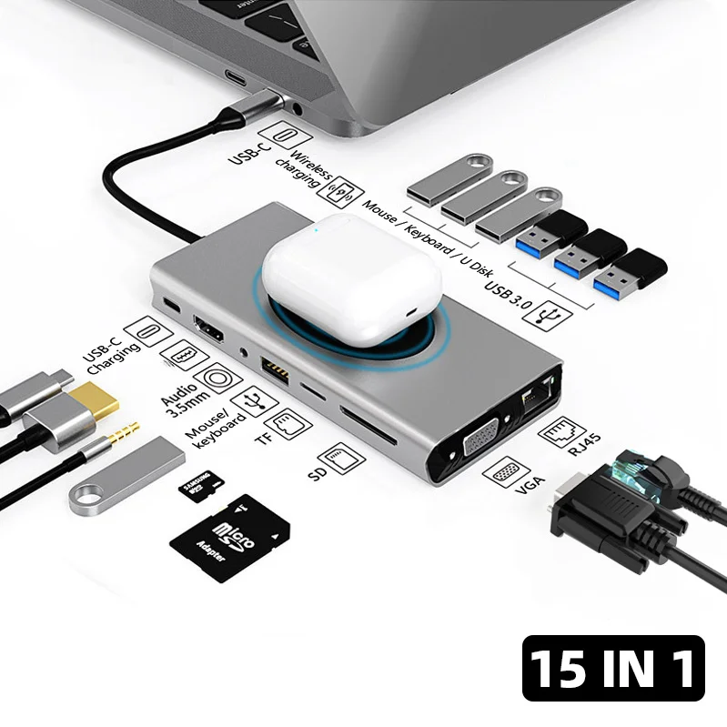 

Type C USB Hub Adapter Docking Station Type C Hub To HDMI-compatible 100W Wireless Charging USB 3.0 Adapter Laptop Accessories