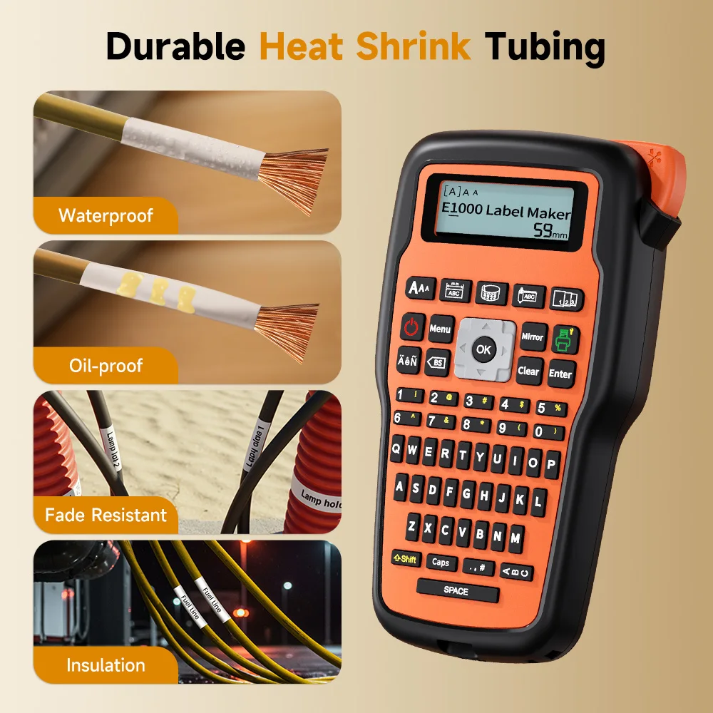 E1000 PRO Draagbare Krimpkous Labelprinter Industriële Labelprinter Compatibel Brother HSE-231 HSE-631 voor Markering Kabels