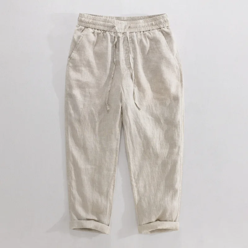 

2026 Spring/Summer New Arrival Men's 100% Linen Pants with Drawstring Elastic Waist Vintage Breathable and Casual Trousers