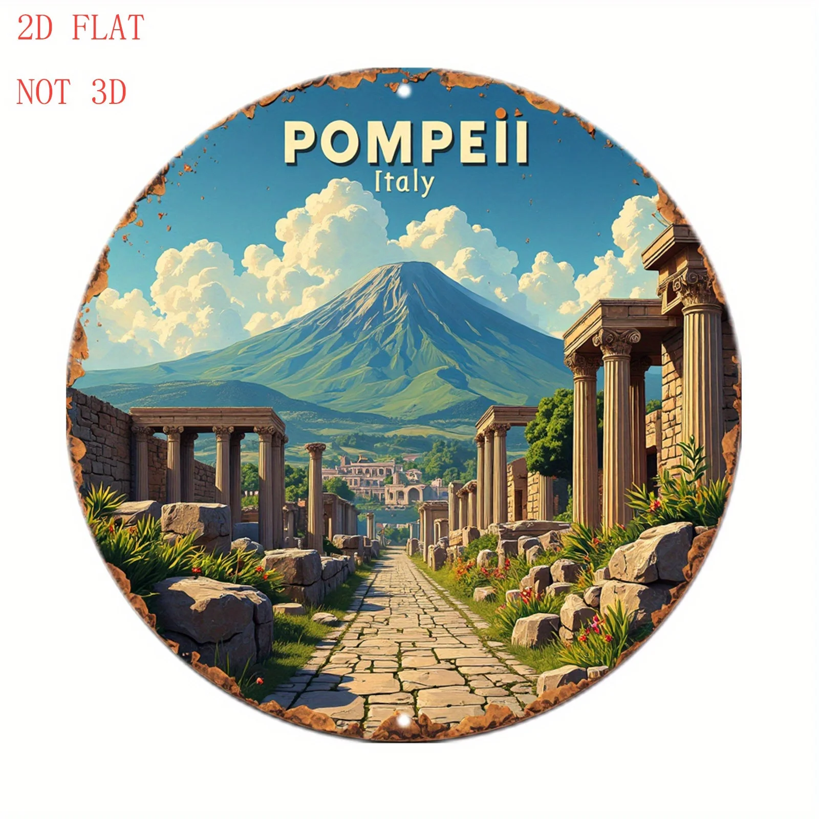 Enseigne murale plate en aluminium, de forme ronde, représentant une illustration de 20 cm de la ville de Pompéi en Italie, mettant en valeur des ruines antiques et un volcan. Idéal