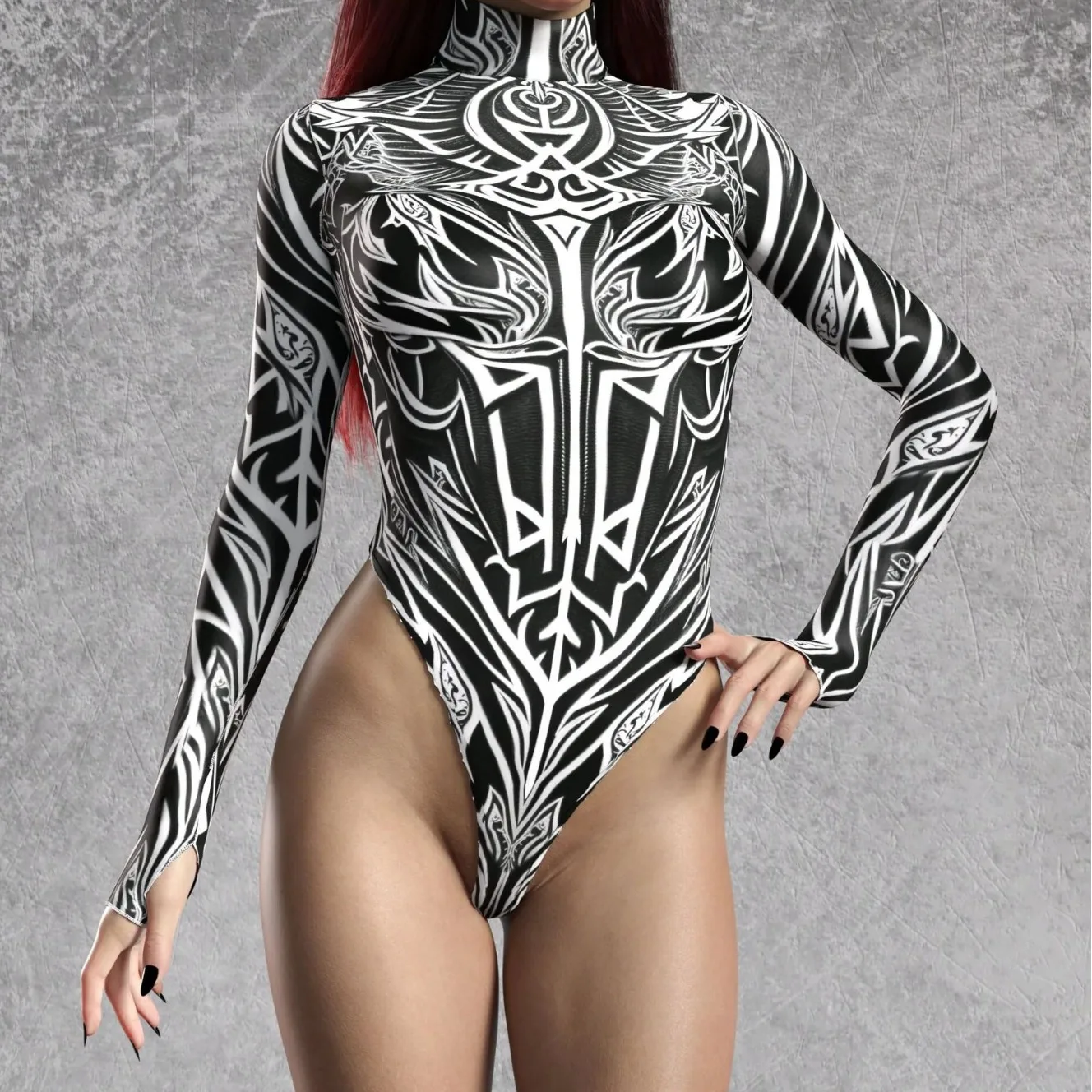 Sexy Women Art Lines Jumpsuit Cyber Punk Holiday Swimwear Bodysuit High Fork Beach Wear Zipper Long Sleeve Swimsuit Bathing Suit