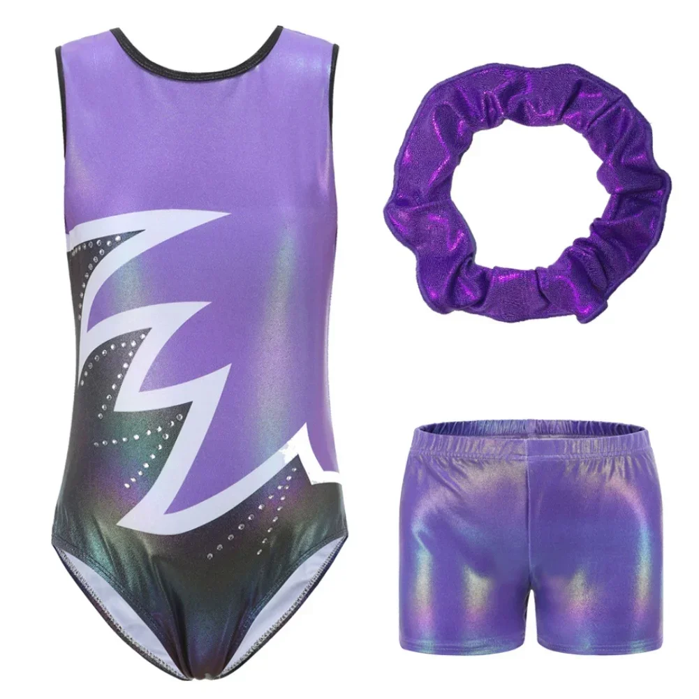 

3PCS Gymnastic Bodysuit With Shorts Set Kids Girl Ballet Dance Leotard SleevelessSkating Stage Performance Dancewear Sportswear
