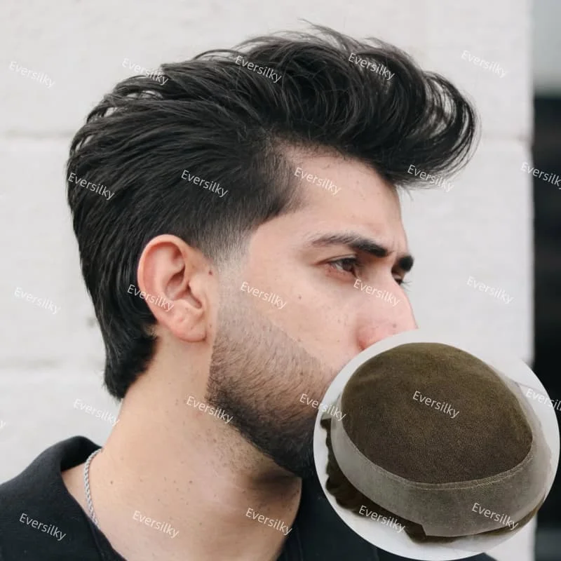 رجل الشعر الاصطناعية 1B20 1B40 أبيض رمادي أسود أستراليا الفرنسية الدانتيل و بو الجلد قاعدة شعر مستعار الذكور 100% استبدال الشعر البشري