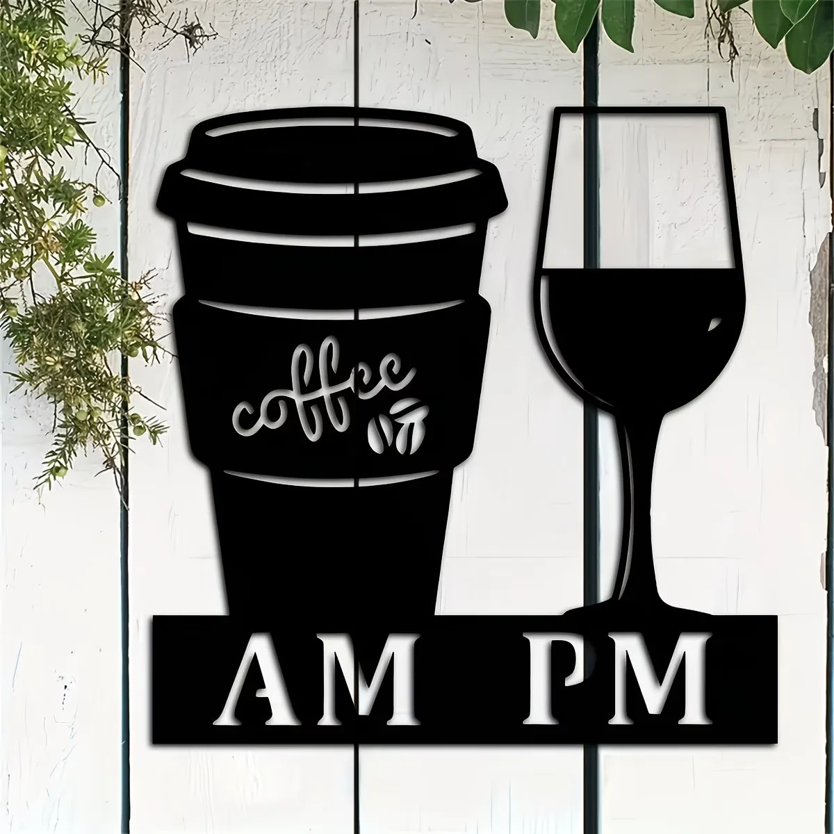 Arte Metálico de Pared con Diseño Elegante de Taza de Café y Copa de Vino, Texto "Coffee AM PM", Decoración Moderna para Interiores/Exteriores