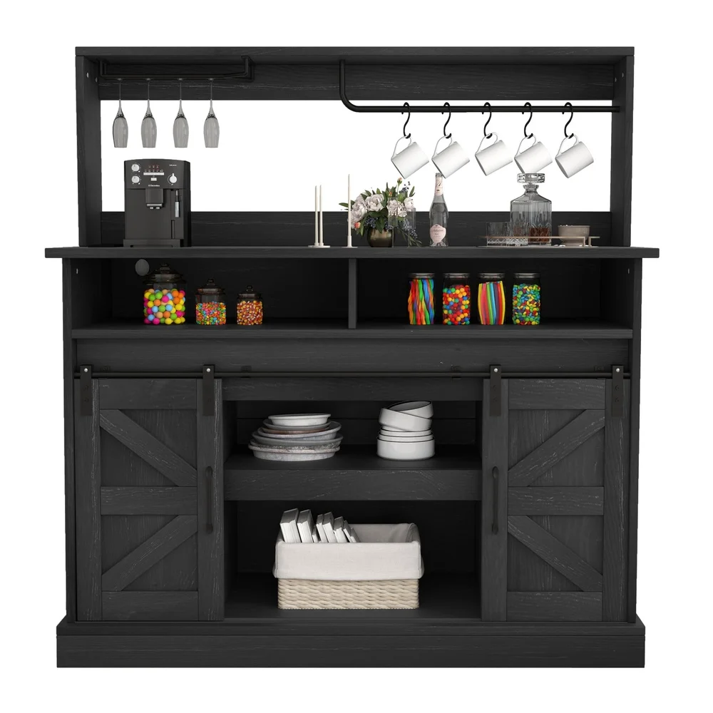 47 Inch Farmhouse Coffee Bar Cabinet Buffet Sideboard with Power Outlets USB Ports Wine Glass Rack Rustic Storage