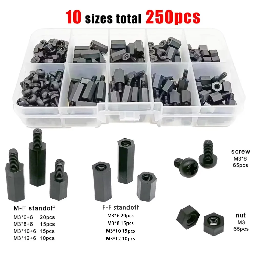 250pcs/box M3 Black Plastic Nylon Insulated Hex Standoff Hexagon Pillar Spacer Column Screw Nut Mix Size Assortment Kit Set