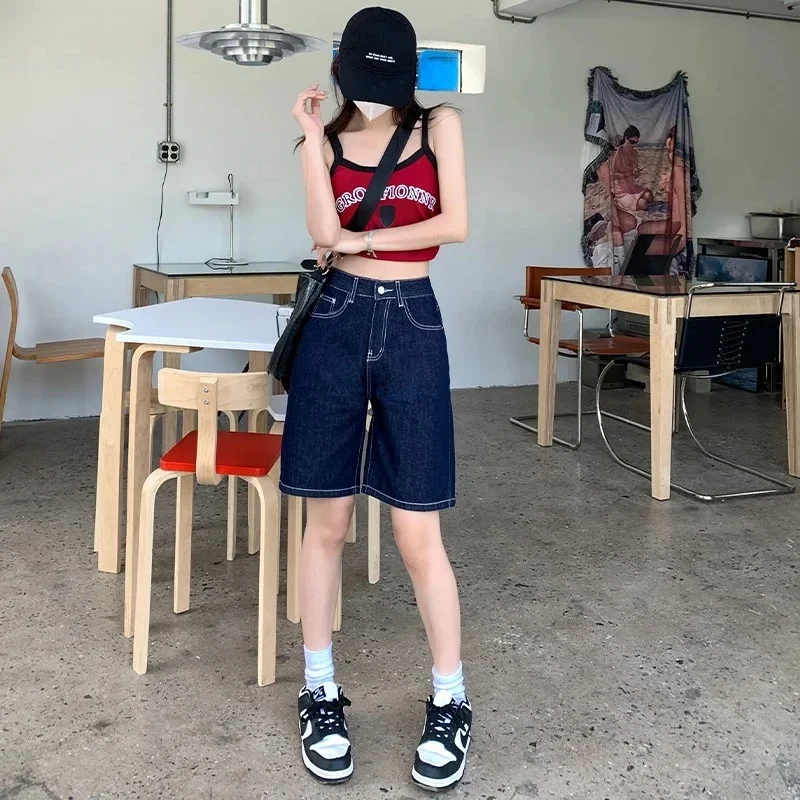 ポップ夏ルーズファムデニムショートパンツベルト付きショーツジーンズ女性だぶだぶのファッションストレートヴィンテージストリートデニムショーツウォメ