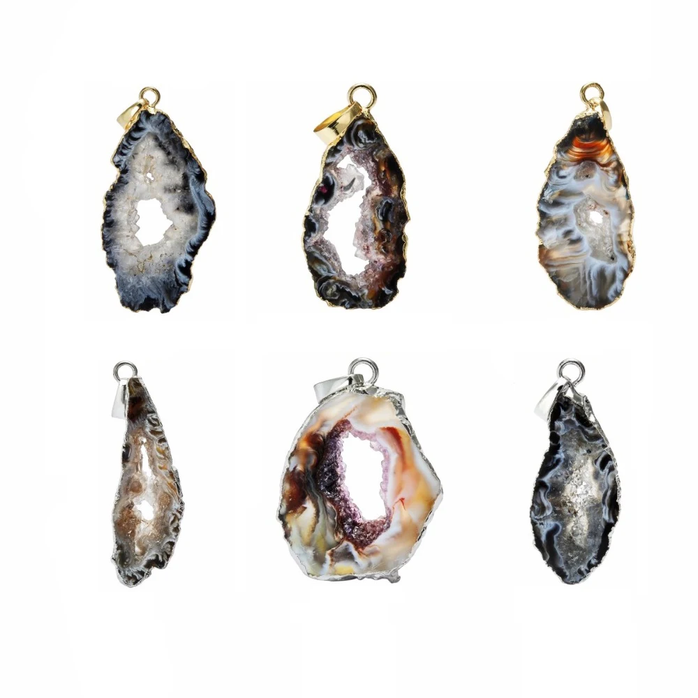 

SUNYIK Natural Agate Quartz Geode Slice Jewelry Raw Drusy Crystal Irregular Gold Silver Color Edge Pendant Fit Necklace