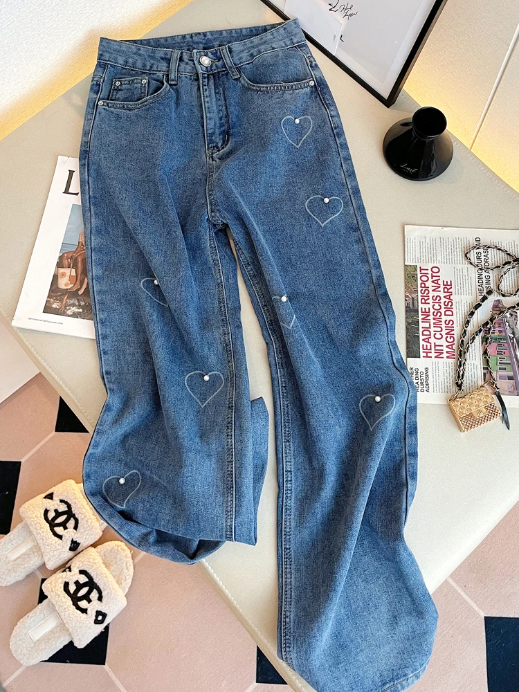 Vintage Wide Leg High Waist Jeans Love Pattern Loose Casual Pocket Denim Pants Beaded Y2K Boyfriend Baggy Jeans Women Streetwear