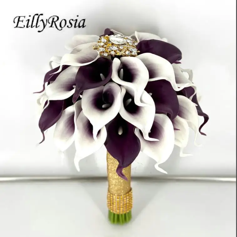 

EillyRosia White Purple Calla Lily Bridal Bouquet Gold Brooch Rhinestones Ribbon Mixed Color Wedding Holding Flowers for Bride