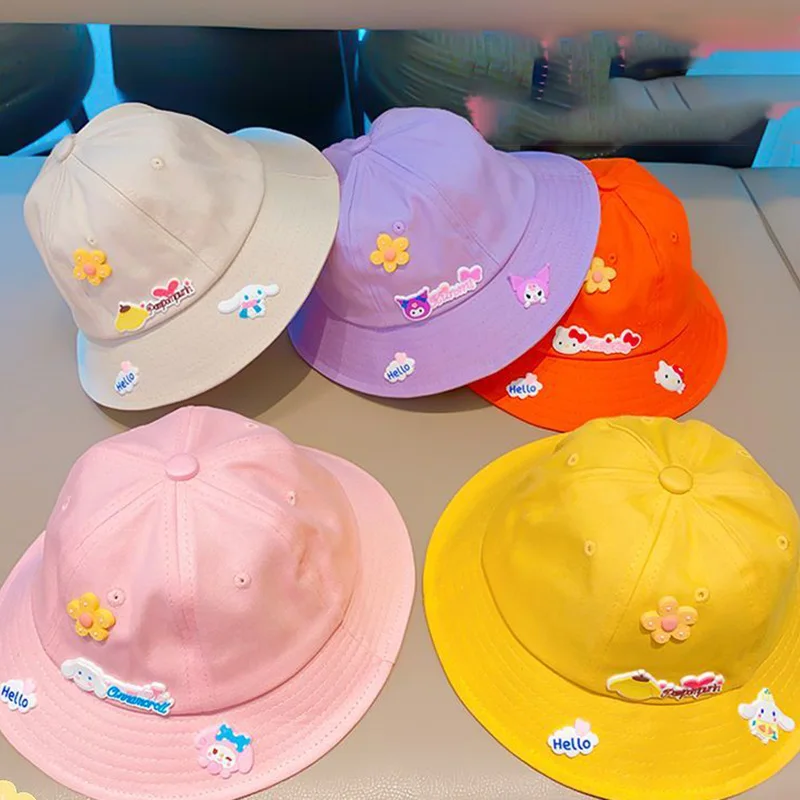 Sanrio Hello Kittys Cinnamoroll Kuromi Kids Sunshade Fisherman Hat Kawaii Cartoon Summer Travel Sunscreen Hat Girl Gifts Toys