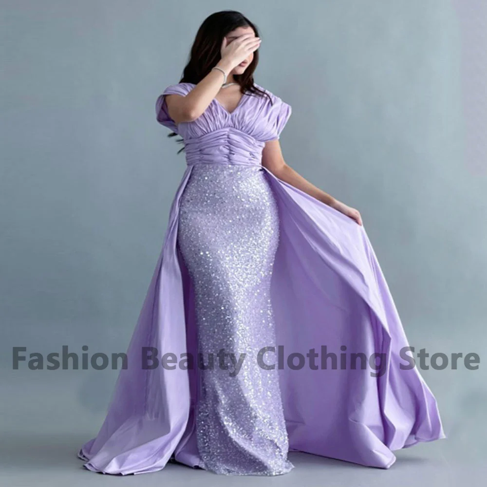 Mermaid Purple Evening Dress Draped Satin V-Neck With Beading Back Zipper Saudi Arabian Women's Vestidos Para Mujer Gala 2023