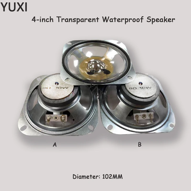 YUXI 2PCS 4/8Ohm10W For 4-inch Diameter 102MM Square Transparent Waterproof Speaker 60MM External Magnetic Height 36MM Speaker