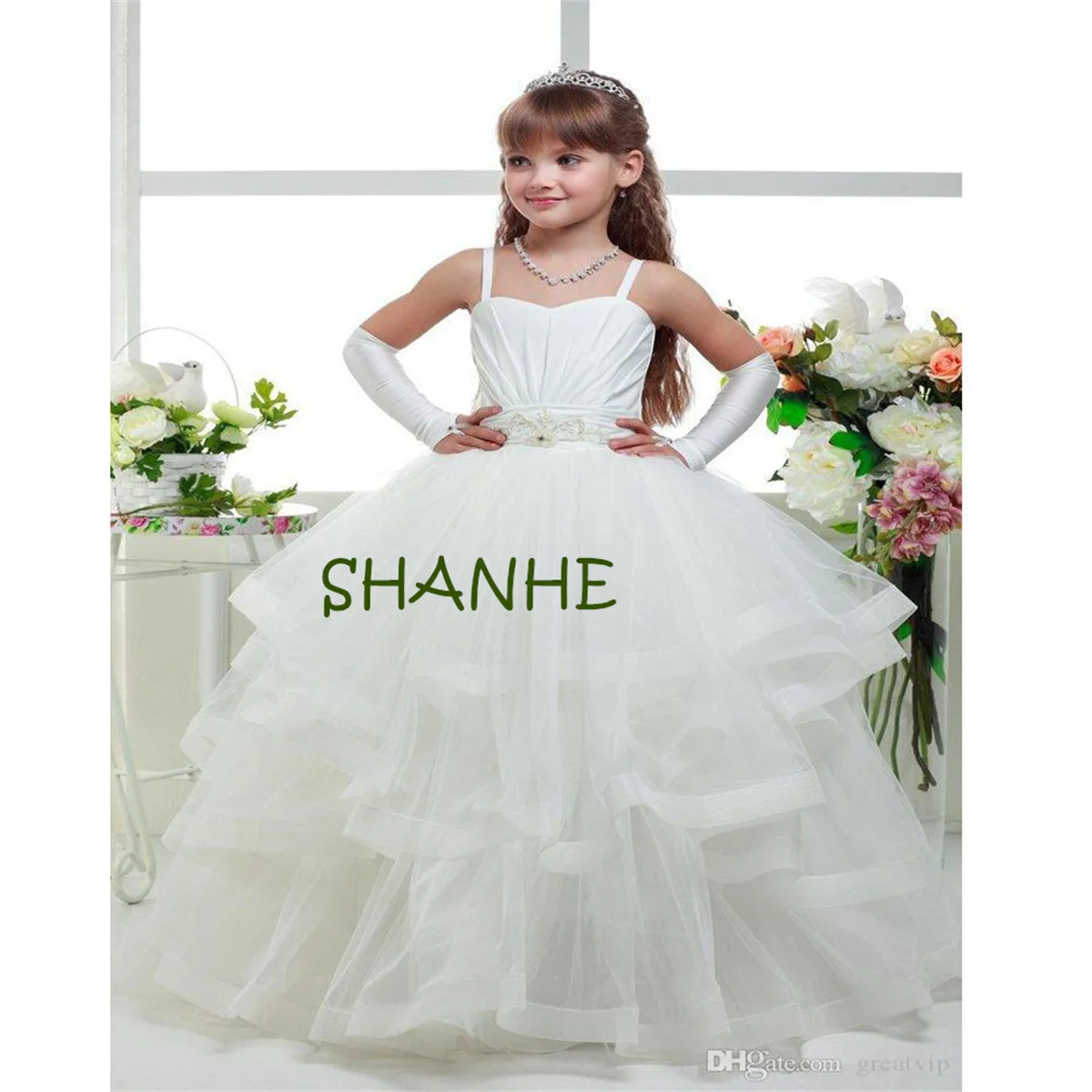 New Arrival Princess Girl Pageant Dresses Ball Gown Spaghetti Strap Belt Tulle Skirt Ruffles Ruched Flower Girl Dress Long Kids