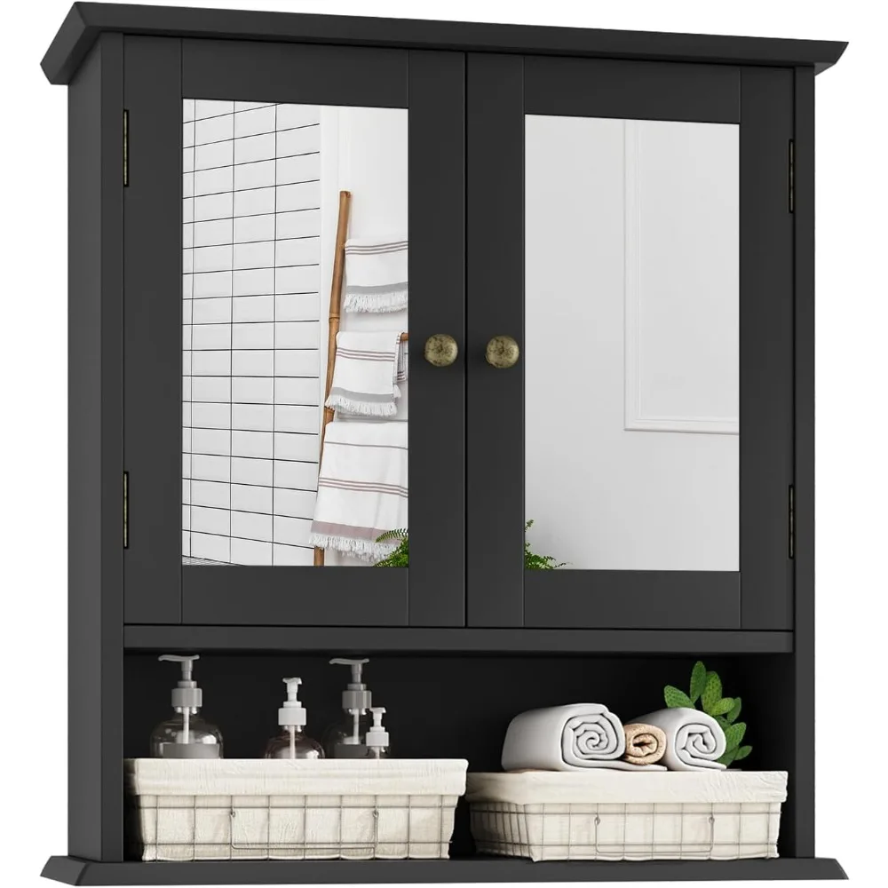 

Bathroom Wall Cabinet, Black Bathroom Cabinet with 2 Mirror Doors and Adjustable Shelf, Wall-Mounted, Medicine Cabinet, 21.5" W