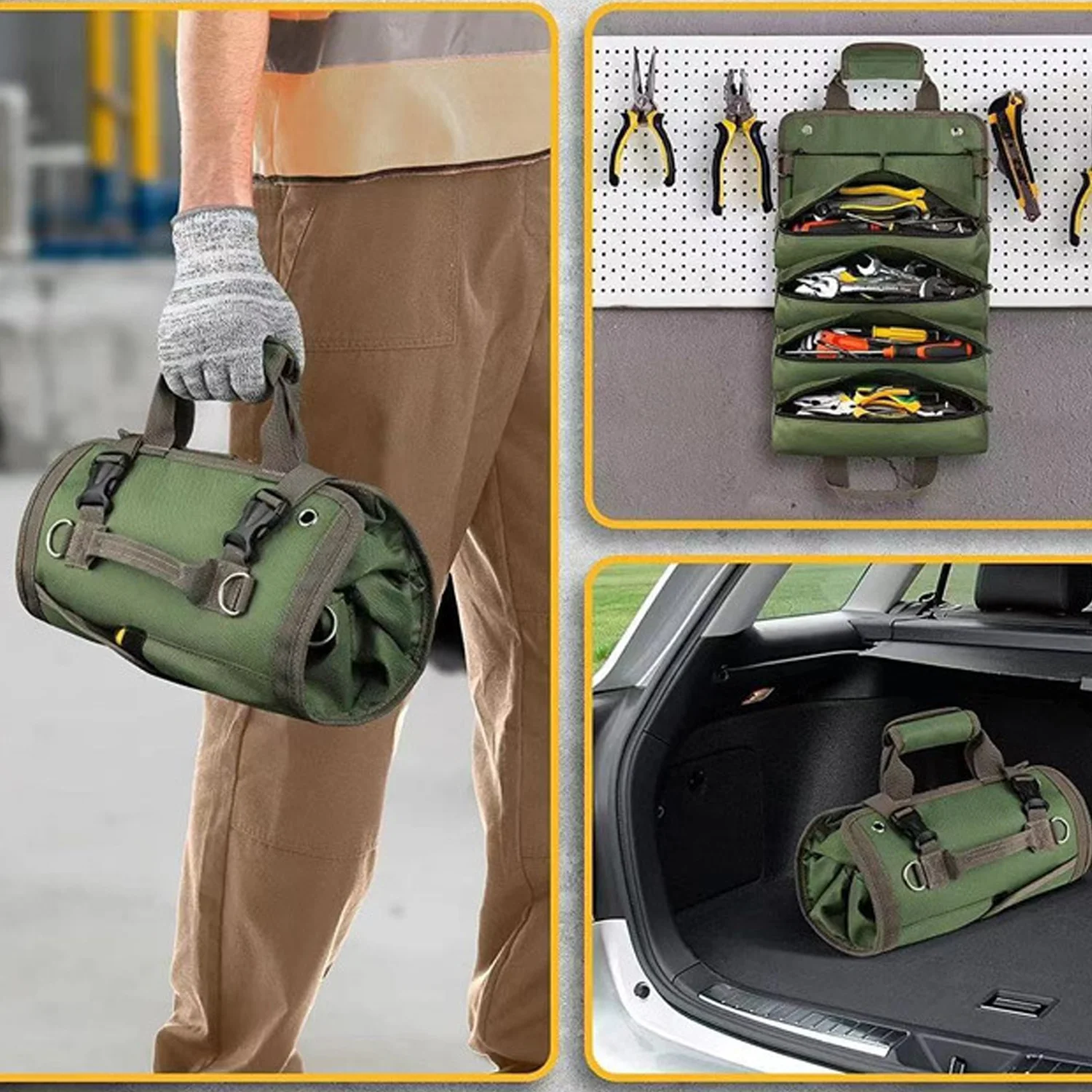 1pcs Heavy Duty Portable Foldable Roll up Tool Bag with 4 Compartments 2 Detachable Pouches Hardware Oxford Storage Organizer