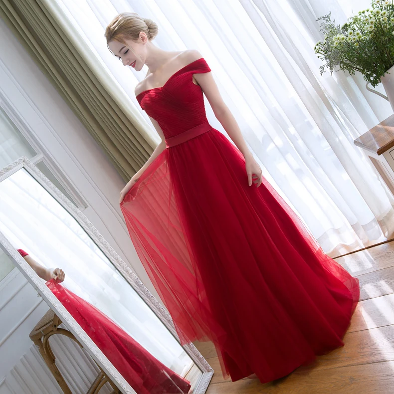 Summer New Bridal Dress Long Red Bardot Slimming Banquet Evening