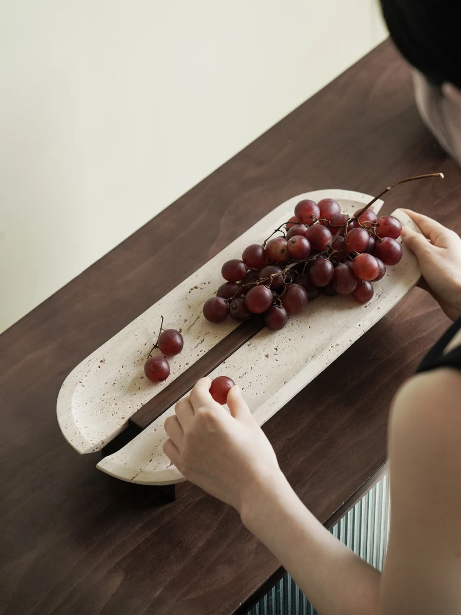 Natural Marble Serving Tray for Fruit Snack Decorative Travertine Catchall Tray with Wooden Pedestal for Keys Jewelry