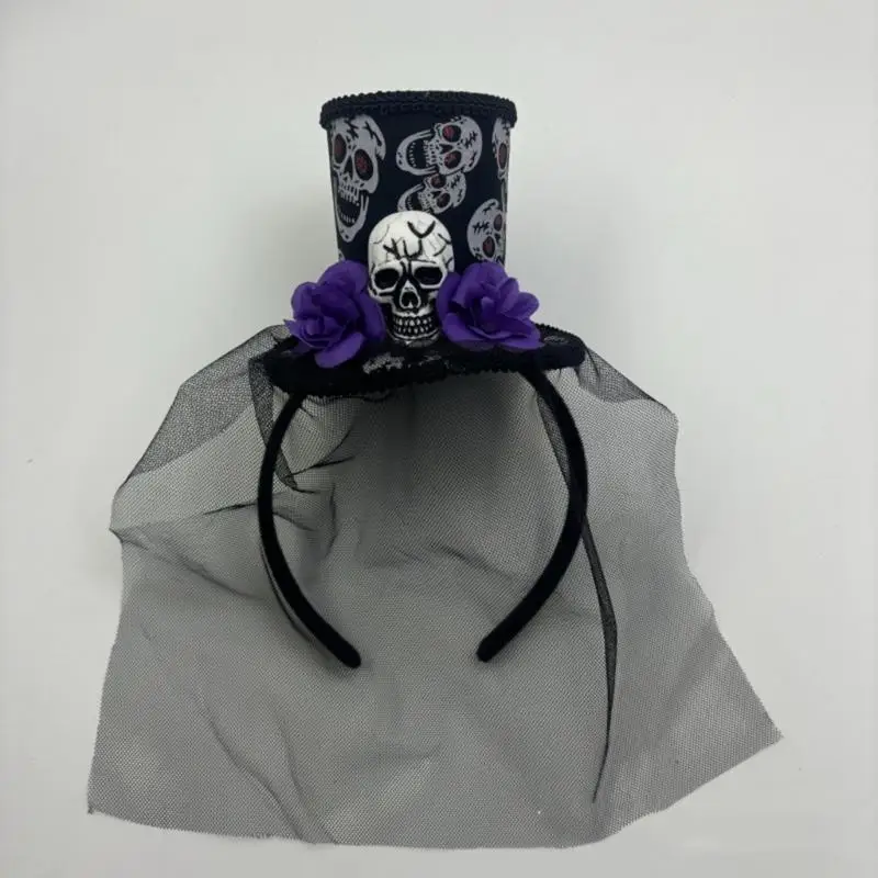 652F Gothic Halloween Headpiece with Skull and Veil Adjustable Headband for Costume Celebrations Fashion Headband