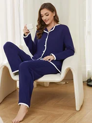 Front Button Women's Pajama Sets Wiht Pipe Tirm Long Sleeves Top & Full-Length Pants 2 Pieces Female Sleepwear Nightwear Lounger