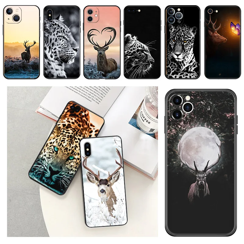 Phone Case For iphone 16Plus XR XSMax 15 14 13 12 11 16 Pro Max Mini 7 8 Plus 15Pro Deer Leopard Art Black Soft Protective Cover