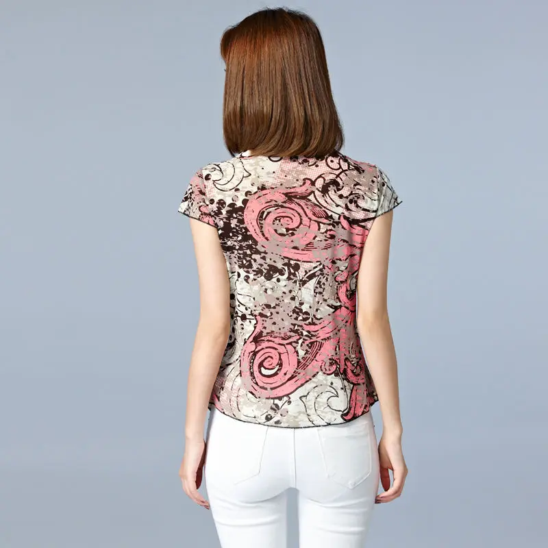 Female Clothing Stylish Asymmetrical T-shirt Casual Slim Summer Commute Vintage Printed Elegant V-Neck Short Sleeve Pullovers