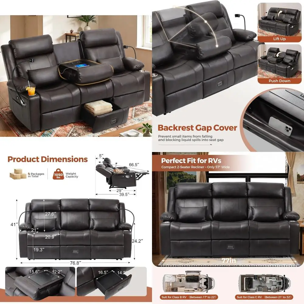 

Коричневый 3-местный диван с откидной спинкой, регулируемой спинкой, подстаканником, карманом для хранения, розеткой и вариантом спального места (кожа PU)