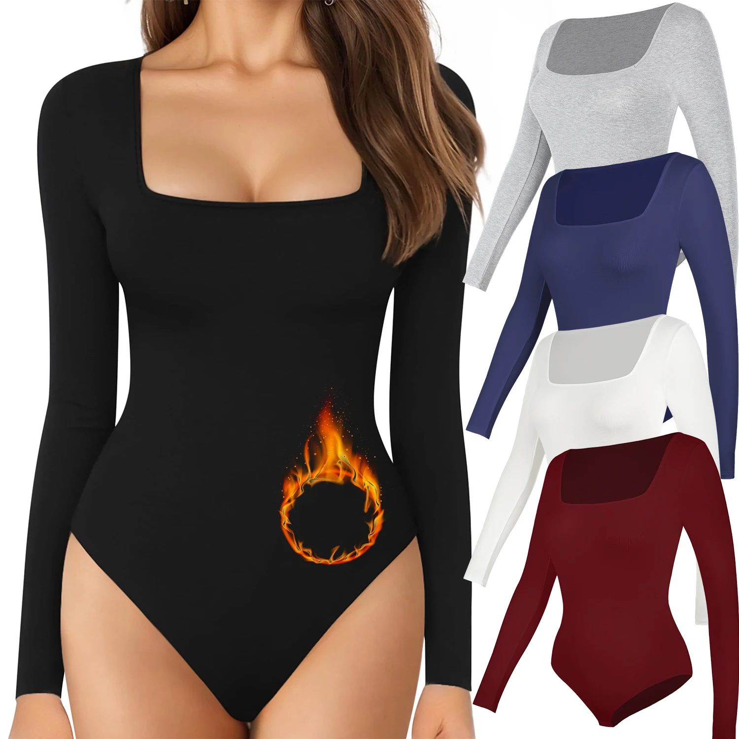 Herbst quadratischen Hals Bodysuit Frauen lang ärmel ige Shape wear Bauch Kontrolle Body Shaper Lady Streetwear weibliche warme Kleidung Winter