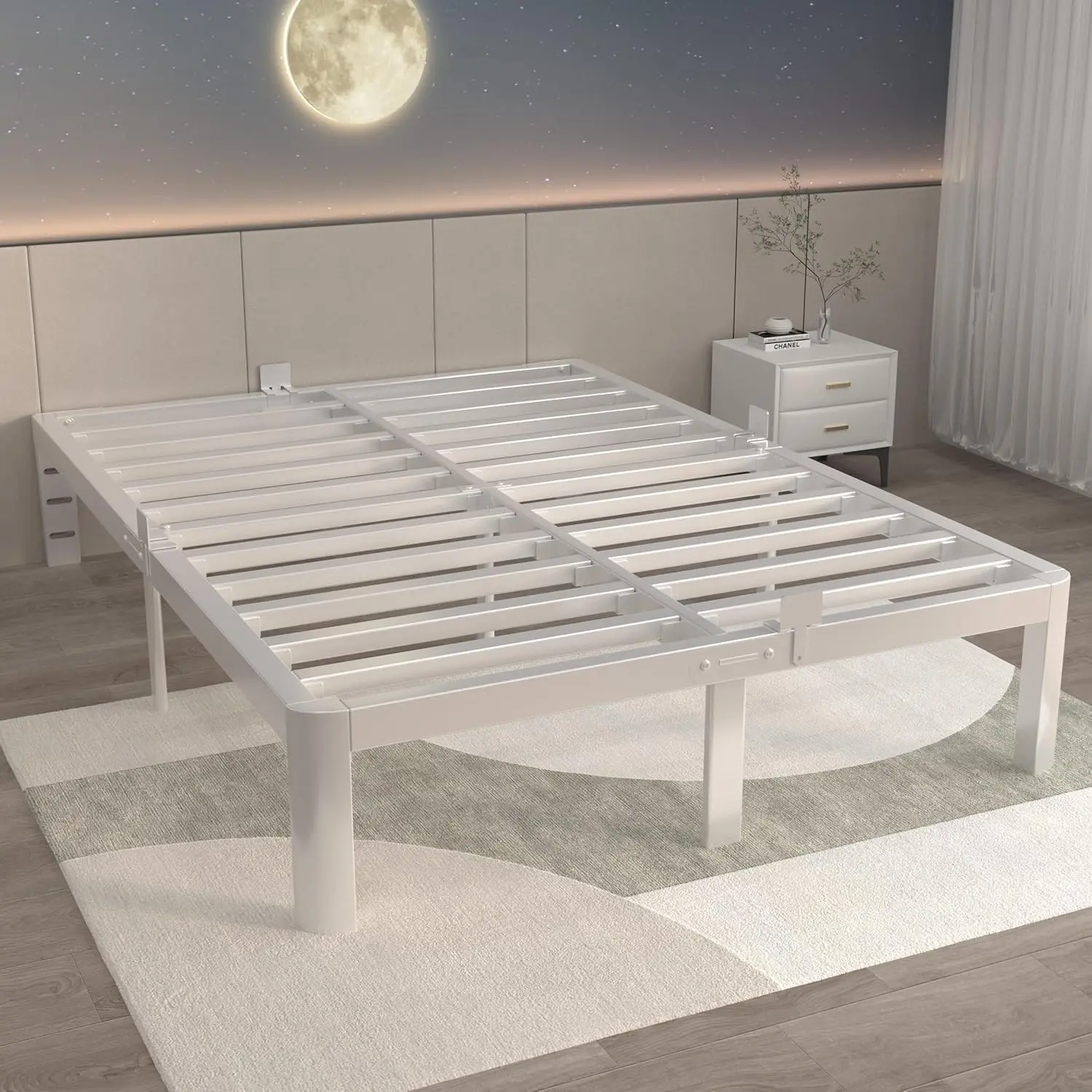 

12 Inch White King Size Bed Frame, Metal King Size Bed Platform Frame with Rounded Legs, Heavy-duty Steel Bracket 3500